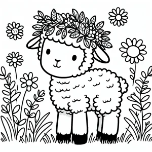 Lamb wearing a leafy wreath standing in a meadow of daisies coloring page