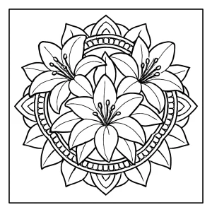 Mandala s motivem lilie – květinová omalovánka zdarma k vybarvení