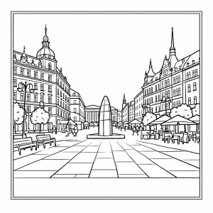 Página para colorear de la Plaza de la Libertad en Brno con arte lineal de edificios históricos y vista de la plaza
