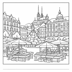 Página para colorear de la plaza Zelný trh en Brno con puestos de mercado, sombrillas y edificios históricos para imprimir y pintar