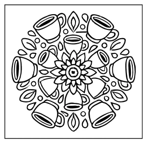 Mandala z kávových šálků – omalovánka k vytištění zdarma