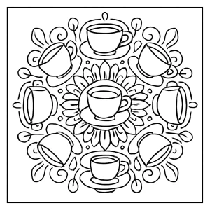 Mandala z kávových šálků – omalovánka k vytištění zdarma, originální motiv pro děti i dospělé