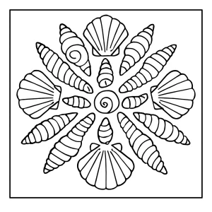 Mandala tvořená mořskými mušlemi – omalovánka zdarma ke stažení a vybarvení