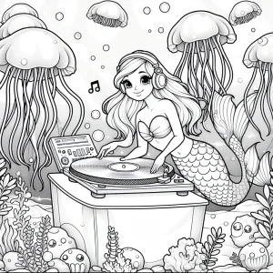 Meerjungfrau DJ Unterwasser Malvorlage - coloring page mit tanzenden Quallen und Schallplatten