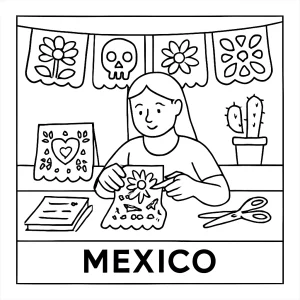 Mexický workshop papel picado omalovánka – coloring page s tradičními dekoracemi k vybarvení