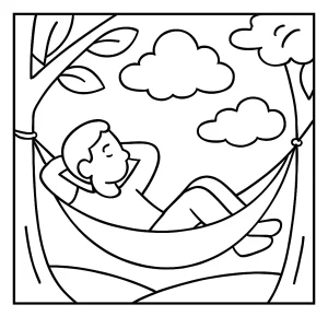 Omalovánka mindfulness s dítětem v houpací síti pozorujícím mraky – coloring page zdarma k vytištění