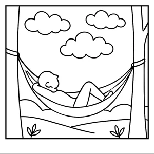 Omalovánka dítě pozorující mraky v houpací síti, mindfulness coloring page