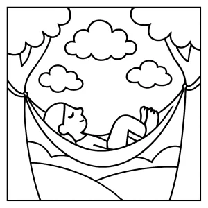 Omalovánka zdarma – dítě na houpací síti pozoruje mraky, mindfulness coloring page