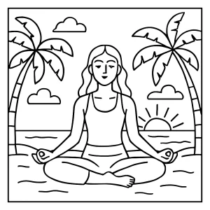 Omalovánka jóga na pláži při západu slunce – coloring page s relaxační scénou pro vybarvování