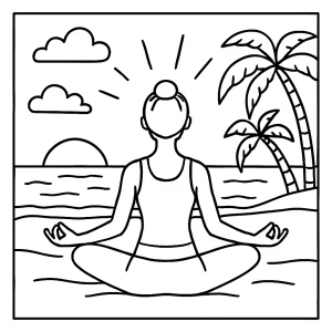 Omalovánka jógy na pláži při západu slunce – mindfulness coloring page zdarma