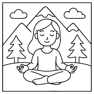 Omalovánka dechová cvičení u hory – mindfulness coloring page pro děti zdarma