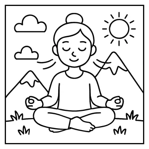 Omalovánka s dítětem provádějícím horská dechová cvičení, mindfulness coloring page