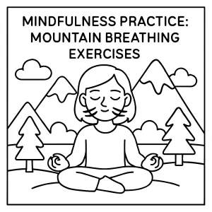 Omalovánka mindfulness s horským dýcháním – vybarvování hor a postavy praktikující dechové cvičení, tisknutelná omalovánka zdarma.