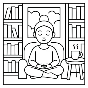 Omalovánka Knihovna klidu: coloring page s klidným knihovním koutem k vybarvení