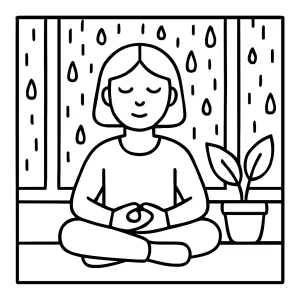Omalovánka meditace u okna s deštěm – mindfulness coloring page zdarma ke stažení