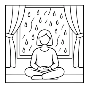 Omalovánka zdarma – děti meditující u okna při dešti, mindfulness coloring page