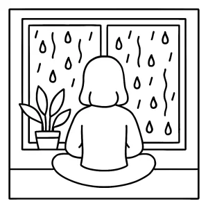 Omalovánka meditace u okna s deštěm – mindfulness coloring page ke stažení zdarma pro děti i dospělé