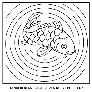 Zen koi ryba omalovánka s kruhy na vodě – mindfulness coloring page zdarma k vybarvení
