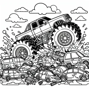 Monstertruck Malvorlage – coloring page mit riesigem Truck, der Autos zerquetscht