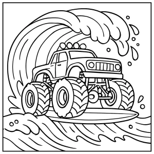 Monster Truck surfing tsunami omalovánka – coloring page s dobrodružnou scénou k vytištění zdarma