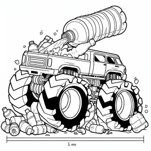 Eco Monstertruck Malvorlage – coloring page mit Truck, der Plastikflaschen zerkleinert