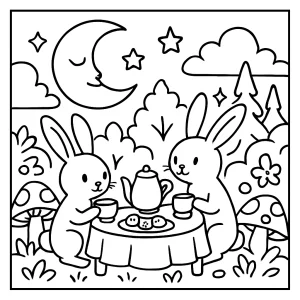 Moon Rabbit Tea Party omalovánka – coloring page s měsíčním králíčkem na čajovém večírku v kouzelném lese