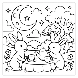 Moon Rabbit Tea Party omalovánka – kouzelná coloring page s králíčkem a čajovým večírkem v pohádkové říši