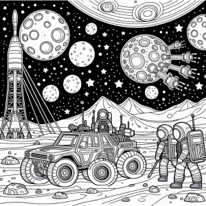 Omaľovánka mesačná základňa s astronautmi a lunárnym vozidlom pod hviezdnou oblohou na vyfarbenie