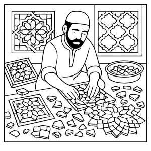 Moroccan tile workshop coloring page – omalovánka s dílnou a vzory zellige k vybarvení