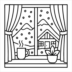 Zimní omalovánka – pohled z okna horské chaty na sněhem pokrytou krajinu, coloring page ke stažení zdarma