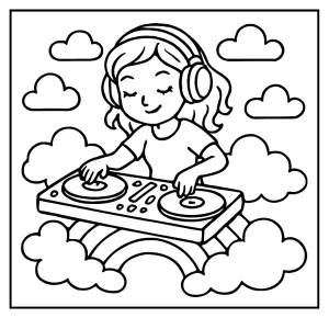 Omalovánka DJ dívky mixující hudbu na vinylech sedící na duhových oblacích – omalovánka zdarma k vytisknutí