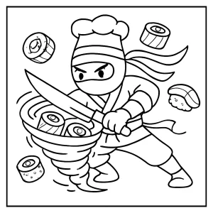 Ninja kuchař krájící sushi v tornádu - omalovánka zdarma, coloring page pro děti