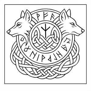 Nordic Rune Wolf Mandala coloring page with intertwining wolves and knotwork for printable coloring fun