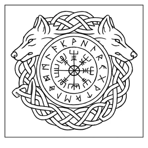 Page de coloriage mandala nordique avec loups, runes anciennes et motifs entrelacés à imprimer gratuitement
