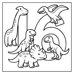 Omalovánka s číslem 16 tvořeným dinosaury – omalovánka zdarma k vytisknutí