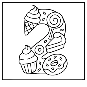 Number 2 shaped by sweet desserts coloring page – free printable coloring page for kids