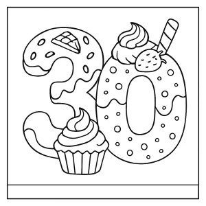 Omalovánka číslo 30 tvořená z různých sladkých dezertů k vybarvení – coloring page pro děti