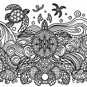 Page de coloriage mandala vague océanique avec tortues de mer et coquillages à imprimer gratuitement
