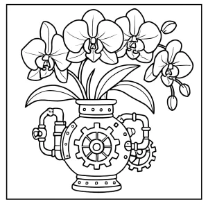 Orchidej ve steampunkové váze – omalovánka ke stažení a vybarvení zdarma, coloring page pro děti i dospělé