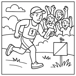 Orientační běh omalovánka – coloring page se sportovcem a povzbuzujícím davem k vytištění zdarma