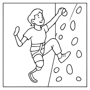 Omalovánka para-lezce s protézami na adaptivní lezecké stěně – coloring page k vytištění zdarma