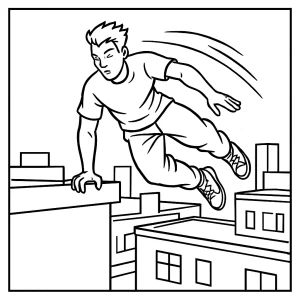 Omalovánka parkour sportovce skákajícího přes mezery na městské střeše