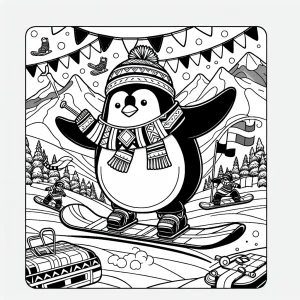 Tučňáci na snowboardu – zimní omalovánka pro děti zdarma ke stažení