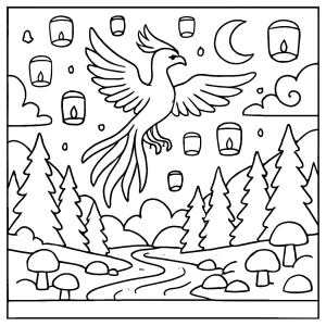 Omalovánka Phoenix Lantern Festival v kouzelné pohádkové říši, coloring page zdarma k vytištění