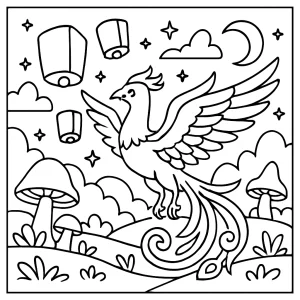 Omalovánka s festivalem luceren a fénixem v kouzelném světě – coloring page pro děti