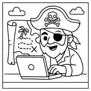 Pirát programátor hackuje pokladovou mapu – omalovánka zdarma, coloring page pro děti k vytištění