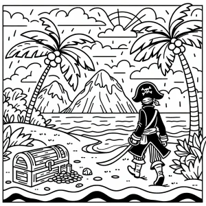 page de coloriage gratuite montrant un pirate cherchant un trésor sur une île avec des palmiers et un coffre à trésor