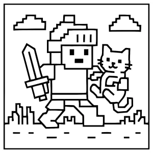 Malvorlage eines Pixel-Ritters, der ein Kätzchen rettet – coloring page für Kinder