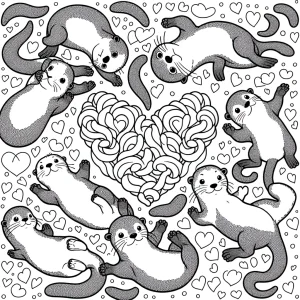 Omalovánka zdarma s vydrami na vodě, které vytváří tvarem těla srdce. Coloring page for kids and animal lovers.