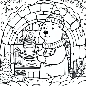 Página para colorear de oso polar barista sirviendo lattes de menta en un café de iglú con decoraciones de invierno